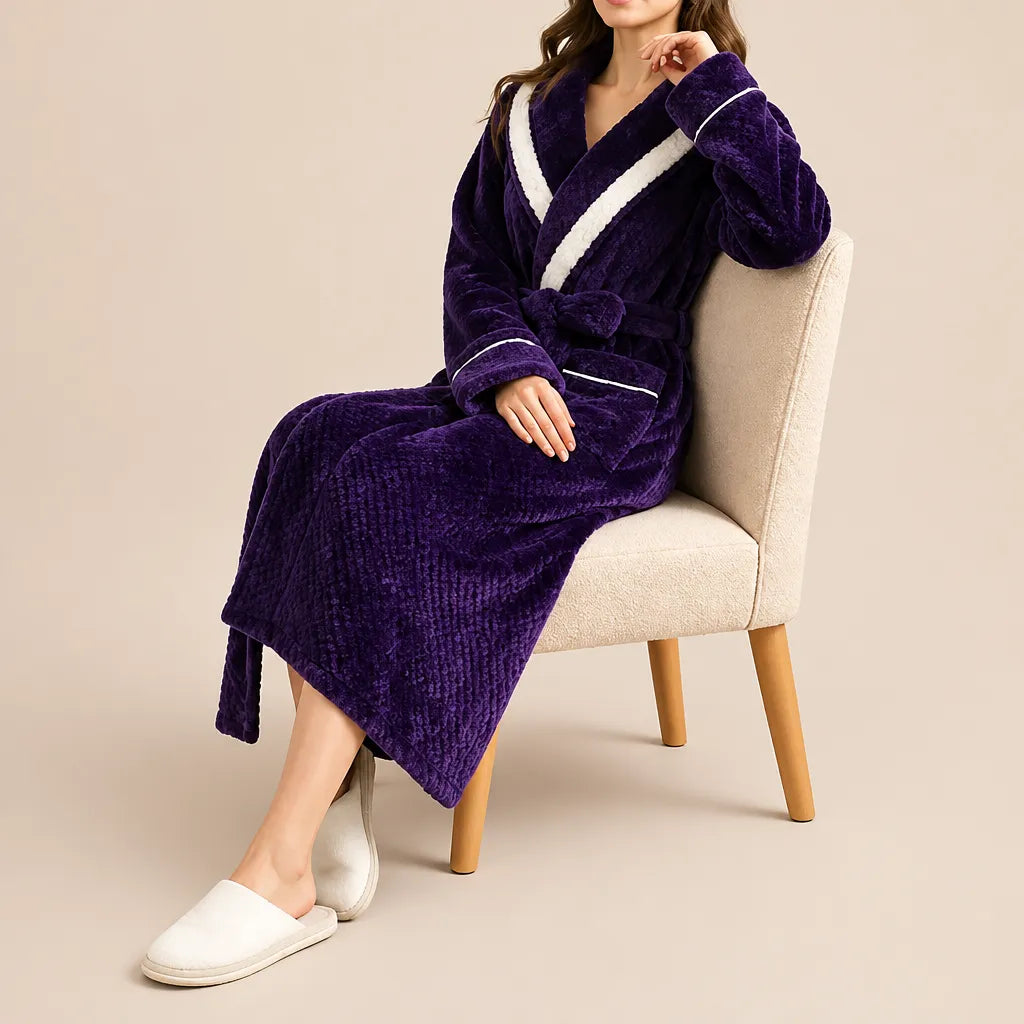 La boutique du peignoir Peignoir Velours Femme - Col Bicolore à Liseré, Violet Prune