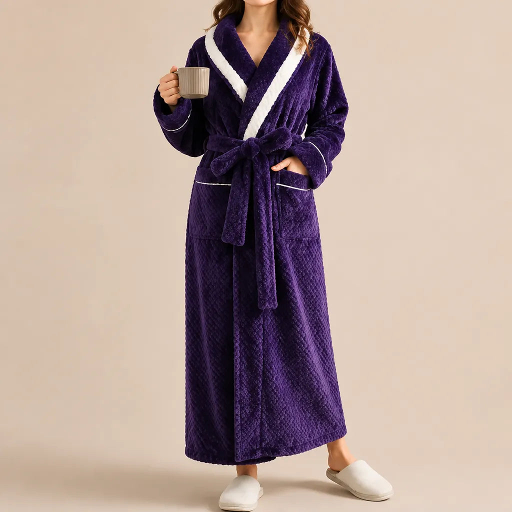 La boutique du peignoir Peignoir Velours Femme - Col Bicolore à Liseré, Violet Prune