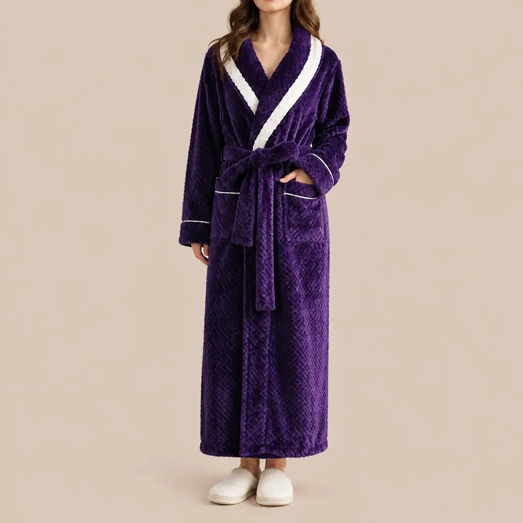 La boutique du peignoir Peignoir Velours Femme - Col Bicolore à Liseré, Violet Prune