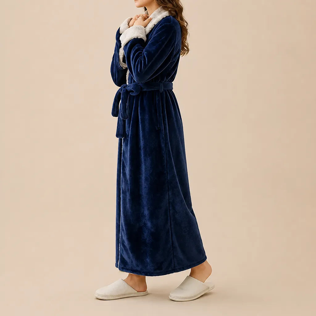 La boutique du peignoir Peignoir Velours Femme - Col Fausse Fourrure, Bleu Marine