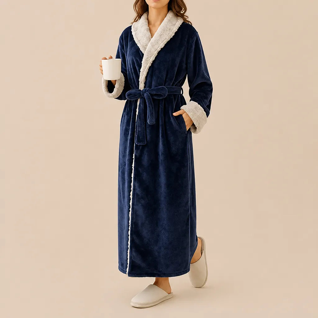 La boutique du peignoir Peignoir Velours Femme - Col Fausse Fourrure, Bleu Marine