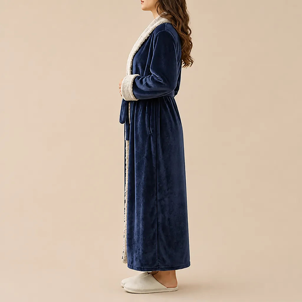 La boutique du peignoir Peignoir Velours Femme - Col Fausse Fourrure, Bleu Marine