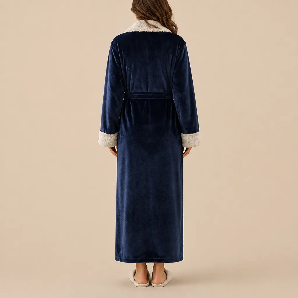 La boutique du peignoir Peignoir Velours Femme - Col Fausse Fourrure, Bleu Marine
