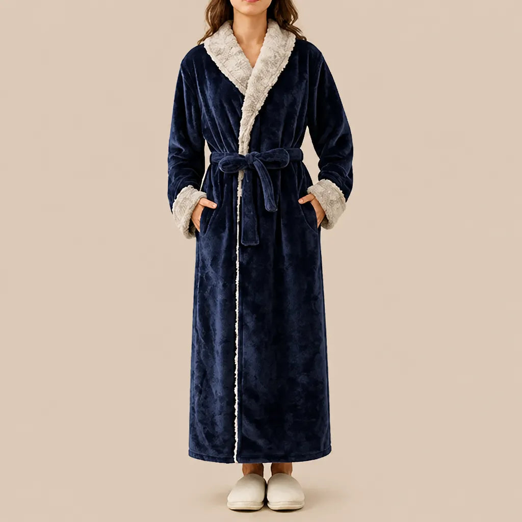 La boutique du peignoir Peignoir Velours Femme - Col Fausse Fourrure, Bleu Marine
